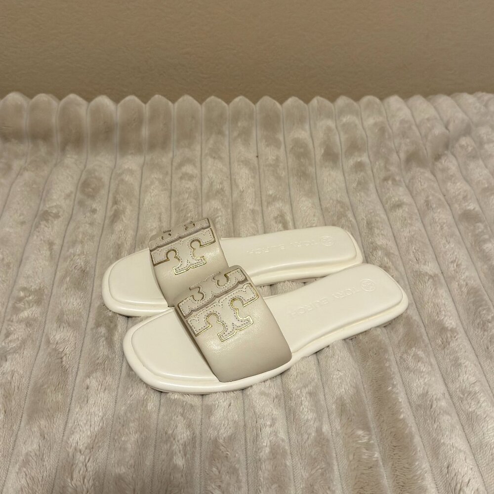 Tory Burch Double T Sport Slide Light Cream / Gold Women’s Size 8.5